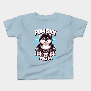 Pomsky Mom and Puppies "POMSKY MOM" Design Kids T-Shirt